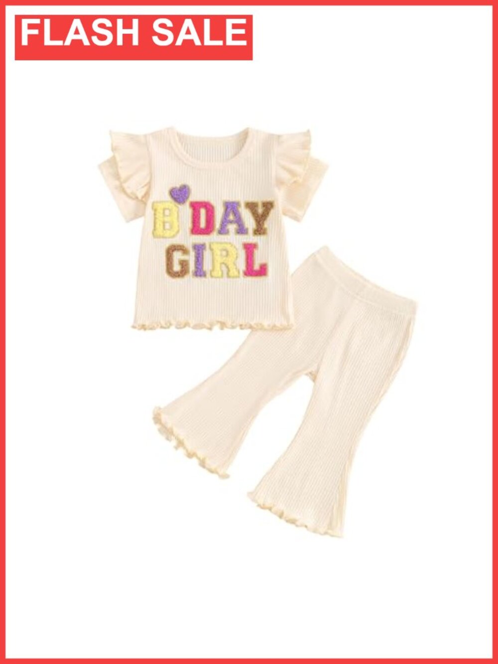 Toddler Girls 2 Piece Ribbed Knit Ruffle Tee & Flare Pants Birthday Outfit
